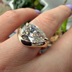2.5 CT Pear Cut Lab Grown Diamond Solitaire, Solid Gold Curved Band, Stackable Engagement Ring