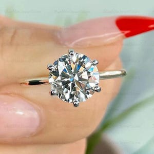 Round Cut Moissanite Engagement Ring 14K Solid Gold, Round Cut Solitaire Ring With Hidden Halo, 6 Prong Wedding Ring, Promise & Bridal Ring