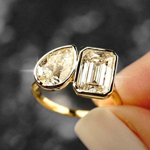 14K Gold Toi Et Moi Ring: Pear & Emerald Cut Moissanite Engagement Ring