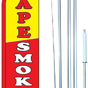 May include: A red and yellow feather flag with the text "VAPE SMOKE SHOP" in white letters. The flag is attached to a silver pole.