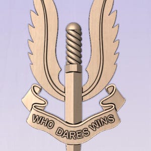 May include: A tan-colored emblem featuring a dagger with a coiled handle, flanked by two stylized wings. A banner below the dagger reads "WHO DARES WINS". The design is set against a light purple background.