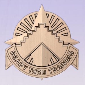 May include: A light brown wooden emblem with the text "READY THRU TRAINING" in a circular banner. The emblem features a star, a stepped design, and a sunburst pattern, all in a detailed, carved style.