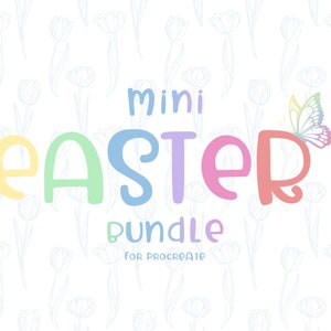 May include: A colorful graphic design with the text "mini easter bundle for procreate" and a butterfly with pastel colors on a white background with a pattern of light blue tulips.