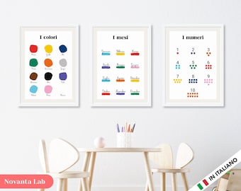 Conjunto de 3 carteles educativos Montessori para niños en italiano en formato PDF digital: colores, meses y números.