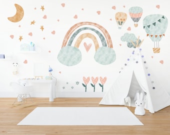 Pegatinas de pared con arco iris, estrellas, luna, corazones, globos aerostáticos, flores en estilo acuarela. Juego de 85 pegatinas