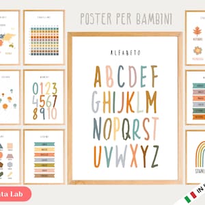 10 carteles educativos para imprimir en estilo Montessori en ITALIANO en formato PDF - Días, Alfabeto, Tablas de Multiplicar, Números, Continentes y más...