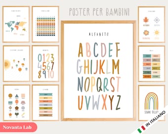 10 carteles educativos para imprimir en estilo Montessori en ITALIANO en formato PDF - Días, Alfabeto, Tablas de Multiplicar, Números, Continentes y más...