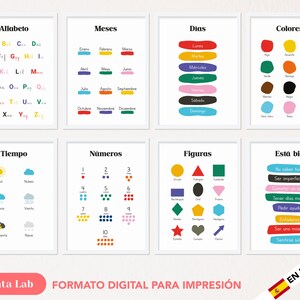 8 Poster Educativi da Stampare in Stile Montessori in SPAGNOLO in Formato PDF - Alfabeto, Meses, Dìas, Colores, Tiempo, Numeros, Figuras...