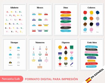 8 Carteles Educativos para Imprimir en Estilo Montessori en ESPAÑOL en Formato PDF - Abecedario, Meses, Días, Colores, Hora, Números, Figuras...