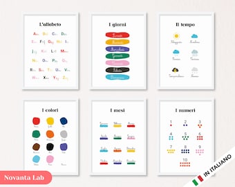 Conjunto de 6 carteles educativos Montessori para niños en italiano en formato PDF digital: alfabeto, días, hora, colores, meses y números.