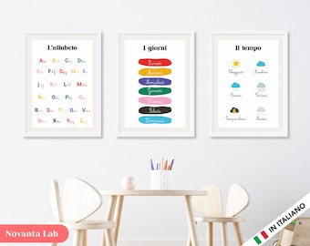 Conjunto de 3 carteles educativos Montessori para niños en italiano en formato PDF digital: alfabeto, días y clima.