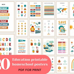 Affiches pédagogiques Ensemble de 20 affiches d'apprentissage IMPRIMABLES de style classe Montessori pour les enfants