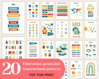Juego de 20 carteles educativos imprimibles de estilo Montessori para el aula, para niños.