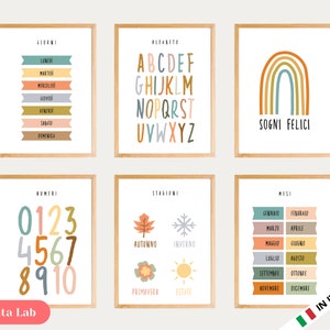 6 Poster Educativi da Stampare in Stile Montessori in ITALIANO in Formato PDF - Giorni, Alfabeto, Arcobaleno, Numeri, Stagioni, Mesi