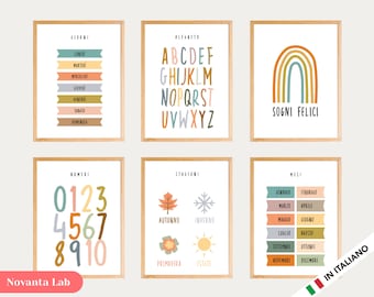 6 carteles educativos para imprimir en estilo Montessori en italiano en formato PDF: Días, Alfabeto, Arcoíris, Números, Estaciones, Meses