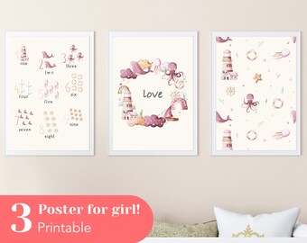 Conjunto de tres carteles educativos digitales para que los niños impriman (en varios formatos PDF): Números, amor y patrones sobre el tema del mar.