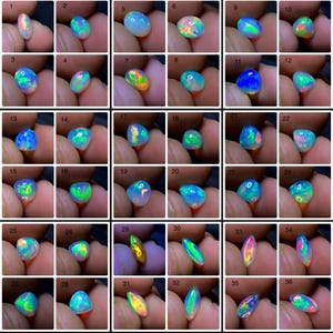 Puede incluir: Una colección de 36 piedras preciosas de ópalo, cada una con colores y patrones únicos. Los ópalos varían en forma y tamaño, con una variedad de colores iridiscentes que incluyen azul, verde, amarillo y rojo. Las piedras preciosas se muestran sobre un fondo neutro.