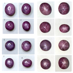Puede incluir: Colección de ocho gemas de rubí estrella pulidas, de forma ovalada. Las gemas son de color rojo púrpura intenso, con un efecto de estrella visible en algunas. Se muestran sobre una superficie blanca.