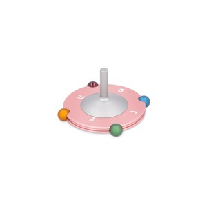 May include: A pink dreidel with a silver top and four colored tops. The dreidel has the Hebrew letters נ ג ש ה on it.