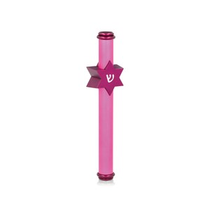 May include: A pink metal Star of David with the Hebrew letter Shin in the center. The Star of David is attached to a pink metal rod.