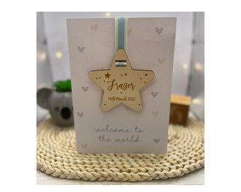 Baby Boy Card, Personalised Handmade Wooden Star Keepsake - Welcome To The World