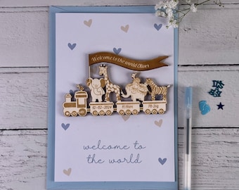 Baby Boy Card, Personalised Handmade Wooden Animal Train Keepsake - Welcome To The World