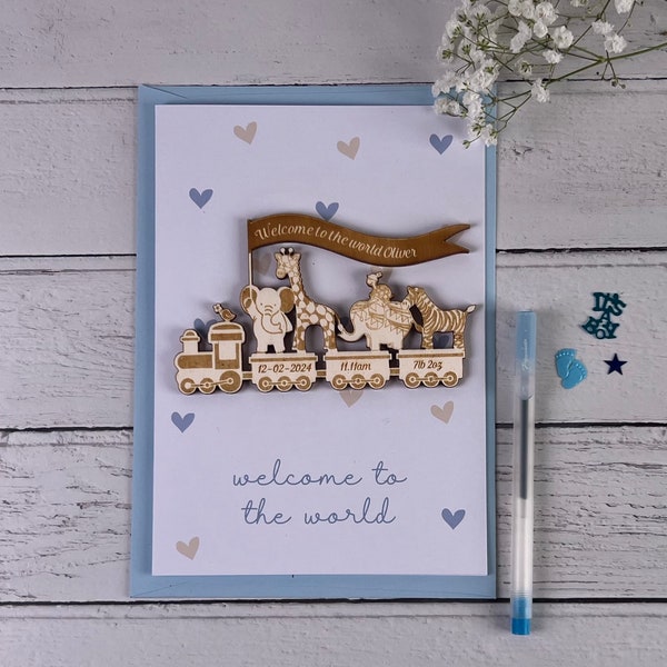 Baby Boy Card, Personalised Handmade Wooden Animal Train Keepsake - Welcome To The World