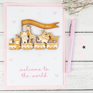 Baby Girl Card, Personalised Handmade Wooden Animal Train Keepsake - Welcome To The World