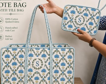 May include: A quilted tote bag and a matching rectangular pouch, both featuring a blue, yellow, and green floral pattern on a white background. The tote bag and pouch each display a circular monogram with the letter S in the center.
