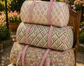 Block Print Quilted Cotton Weekender Bag – Handmade Floral Travel Duffle
