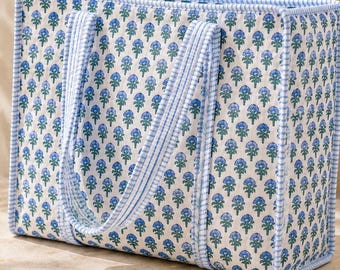 Handmade Block Print Quilted Cotton Tote Bag, Boho Floral Shoulder Carry-On Bag