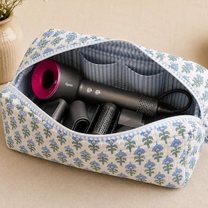 May include: A floral-patterned cosmetic bag with a blue and white design, open to reveal a gray and pink hair dryer and attachments. The bag is quilted and has a blue striped interior.