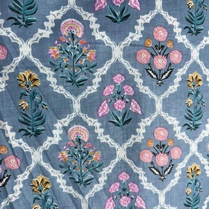 K&ouml;nnte beinhalten: Ein blauer Stoff mit einem sich wiederholenden Blumenmuster. Das Design zeigt rosa, gelbe und t&uuml;rkisfarbene Blumen in einem wei&szlig;en, verzierten Gitter. Die Blumen haben detaillierte Bl&uuml;tenbl&auml;tter und sind in Clustern und einzelnen Stielen angeordnet.