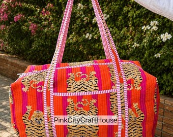 Hand Block Print Quilted Cotton Duffle Bag: Colorful Travel Luggage (18x9x9 inch)