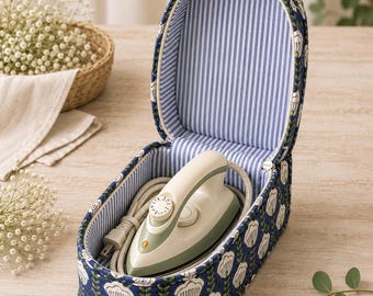 Quilted Mini Iron Travel Case | Blue Block Print Floral Bag for Mini Steam Iron | Sewing & Quilting Tools Organizer | Gift for Quilters