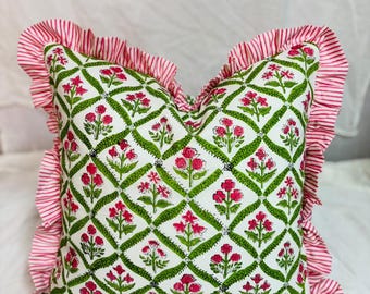 indian block print cotton frill cushion cover, bohemian raffle cushions handmade boho cotton pillow covers floral block throw pillows