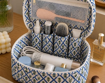 Personalized Airwrap Vanity Case with Compartments for Dyson/Shark Products,Travel Pouch, Bridesmaid Gift, Block Print Quilted Vanity Case.