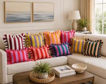 Bohemian Ruffle Striped Pillow Cover - Frill Striped Pillow Cover - Different Color Options With Frill Edges -