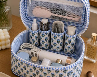 Personalized Airwrap Vanity Case with Compartments for Dyson/Shark Products,Travel Pouch, Bridesmaid Gift, Block Print Quilted Vanity Case.