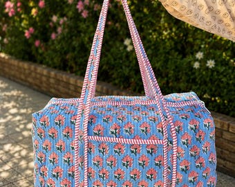 Handmade Quilted Floral Block Print Duffle Bag, Boho Travel Shoulder Bag