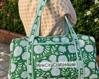 Monogram Quilted Duffel Bag, Large Floral Block Print Weekender, Embroidered Travel Duffle Bag