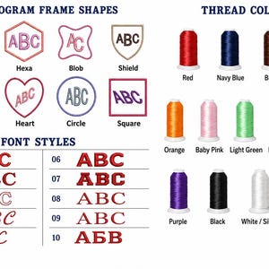Puede incluir: Una tabla de personalizaci&oacute;n de bordado que muestra ocho formas de marco para monogramas, incluyendo corona, hexa, blob, escudo, octa, coraz&oacute;n, c&iacute;rculo y cuadrado. Incluye diez estilos de fuente numerados y diecis&eacute;is carretes de hilo de colores.