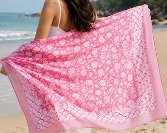 Indian Hand Block Print Cotton Sarong, Pink Floral Beach Bikini Cover Up, Summer Pareo Scarf, Bath Towel Wrap, Resort Wear Gift Pack Pcs