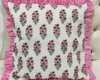 Indian block print cotton frill cushion cover, bohemian raffle cushions handmade boho cotton pillow covers floral block throw pillows