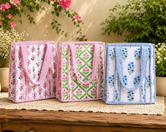 Quilted Cotton Lunch Bag, Hand Block Print Floral Tote, Kids School Lunch Box