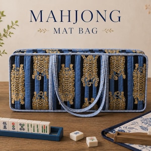 May include: A rectangular quilted fabric bag with two handles, featuring a repeating pattern of gold tigers on a black and blue striped background. The bag has blue and white gingham trim. Text above reads MAHJONG MAT BAG.