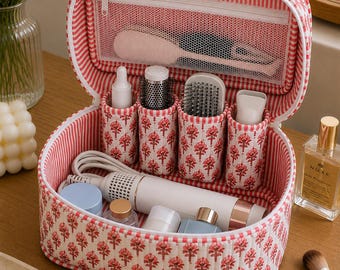 Hand Block Print Quilted Train Case: Boho Floral Cosmetic Bag, Dyson Hair Tool Organizer