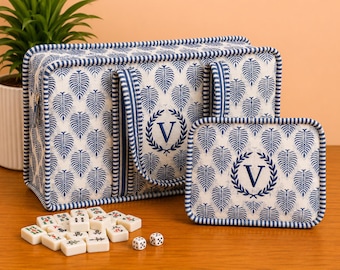 Gepersonaliseerde mahjongtas met blauwe bloemen | Gewatteerde opbergkoffer mahjongtegel | Travel Mahjong-draagtas met ritssluiting | Cadeau voor mahjongliefhebbers