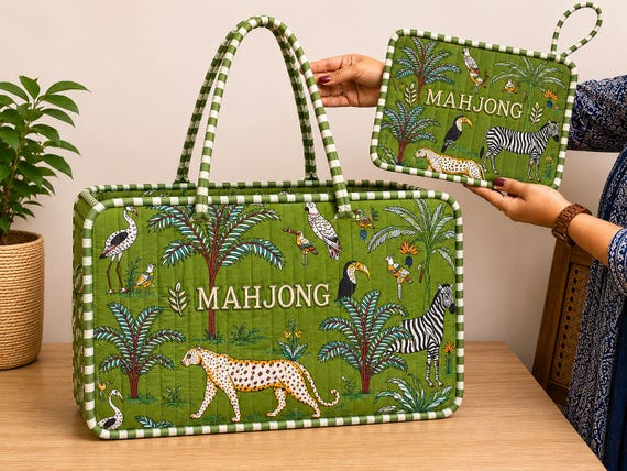 Jungle Safari Mahjong Tote Bag | Quilted Cotton Game Night Carrier