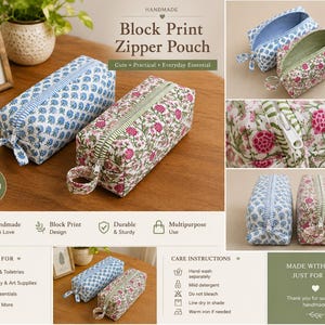 K&ouml;nnte beinhalten: Handgefertigte Blockdruck-Rei&szlig;verschlusstaschen mit blauen und rosa Blumenmustern. Die T&auml;schchen bestehen aus 100 % Baumwolle und haben einen Rei&szlig;verschluss. Der Text auf dem Bild lautet "Cute, Practical, Everyday Essential."